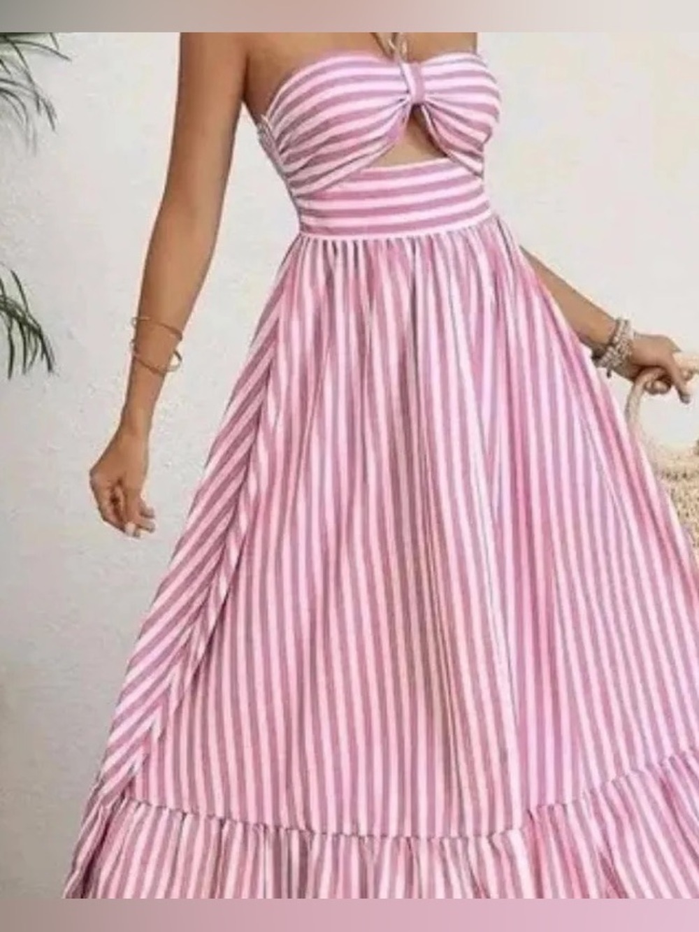 Tessora 100% Cotton Pink White Striped Preppy Cut Out Halter Maxi Dress Small